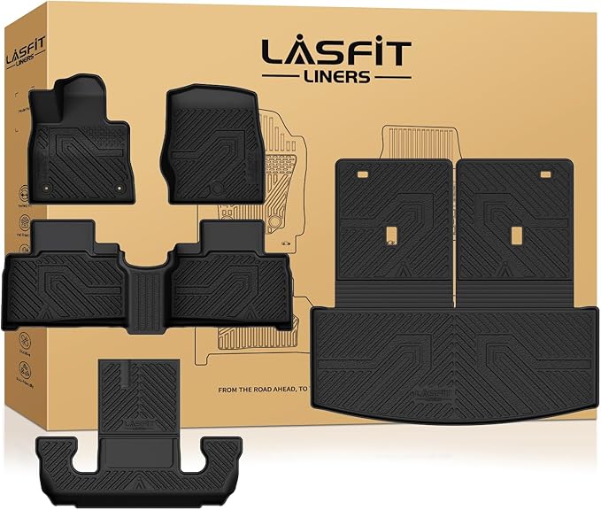 LASFIT Floor Mats & Cargo with Backrest Mat for Ford Explorer 2022-2025 2026 6 Passenger, Custom Fit All Weather Protector TPE Easy Clean Floor Liners, 5pcs Full Set Black