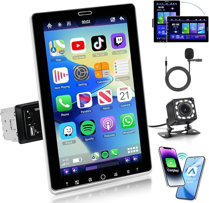 10.1 inch Single Din Car Stereo CarPlay Android Auto Mirror Link, Rimoody RotationalTouch Screen 1280x720 Car Radio with BT 5.2 FM/AM/RDS/EQ USB/AUX/TF/SWC/MIC Car Audio Receiver Backup Camera