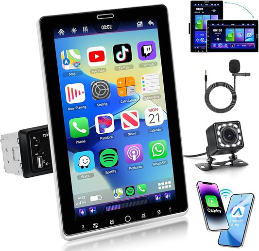 10.1 inch Single Din Car Stereo CarPlay Android Auto Mirror Link, Rimoody RotationalTouch Screen 1280x720 Car Radio with BT 5.2 FM/AM/RDS/EQ USB/AUX/TF/SWC/MIC Car Audio Receiver Backup Camera