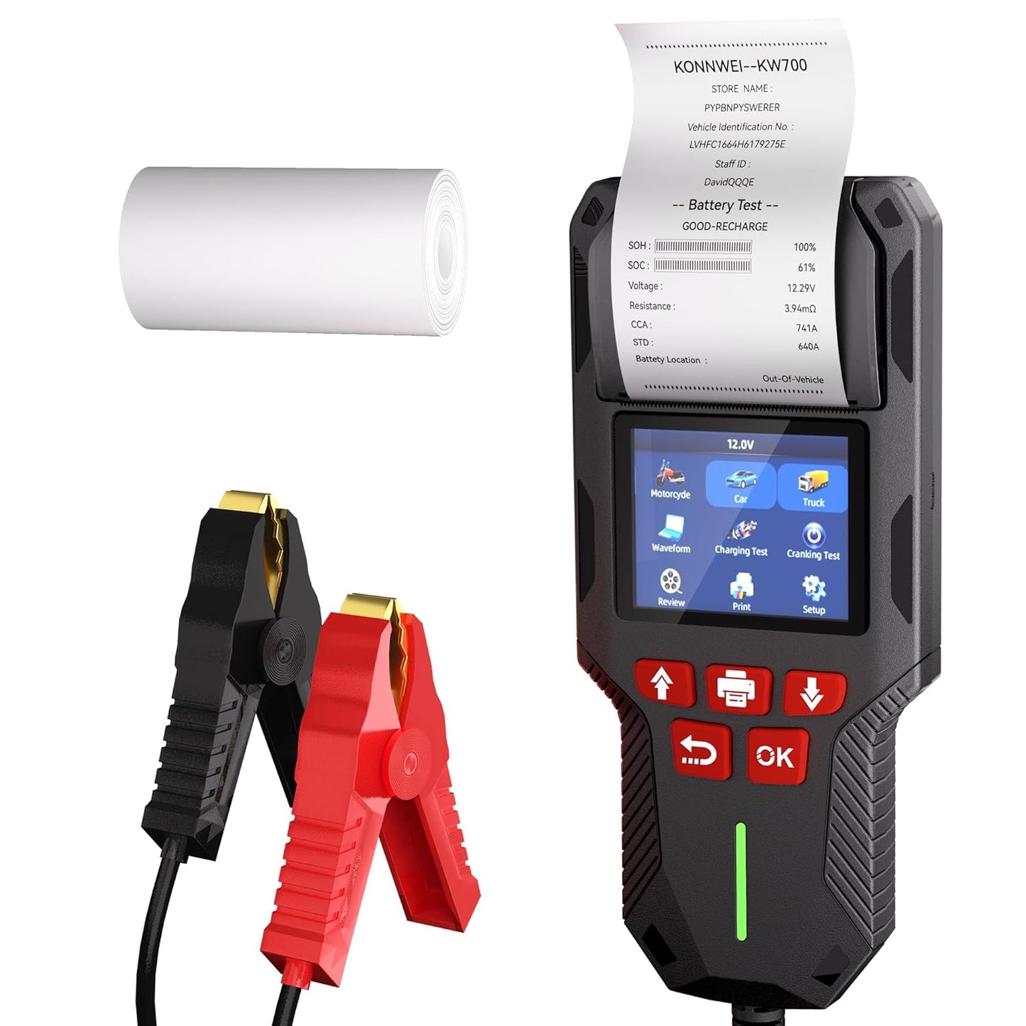KONNWEI Car Battery Tester with Printer, Automotive 12V 24V Battery Load Tester Cranking and Charging Test 10-2000CCA Battery Analyzer Alternator Tester for Car Truck Motorcycle (Paper Included)