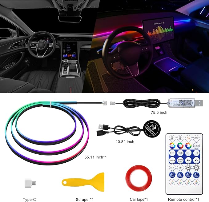 Dreamcolor Acrylic Interior Car LED Strip Light with Motion Sensor Switch, 55.1 inches Neon LED Strip Light, RGB Colors Ambient Lighting Kits