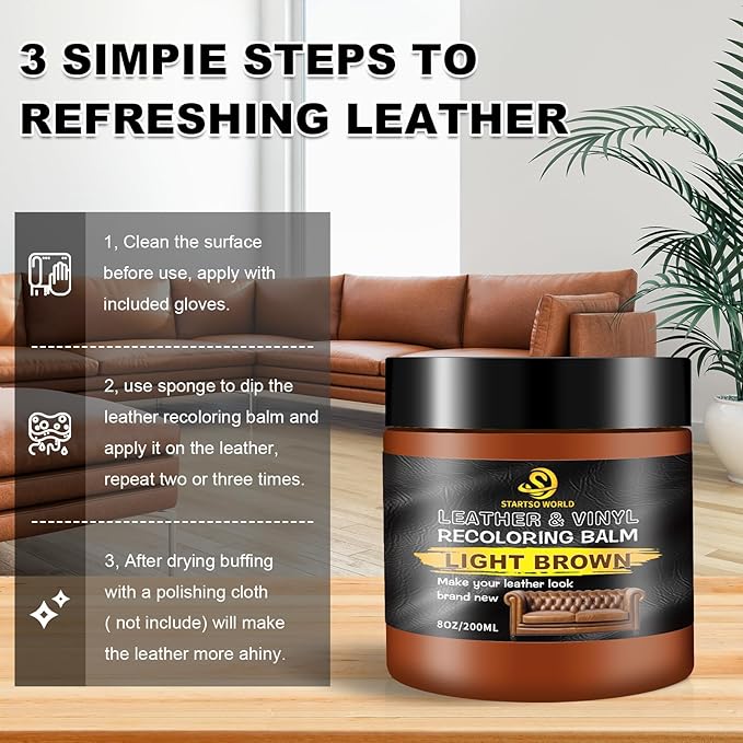 STARTSO WORLD Light Brown Leather Recoloring Balm, Leather Repair Kit for Furniture,Couches & Car Seats, Leather Paint, Leather Color Restorer, Leather Scratch Remover