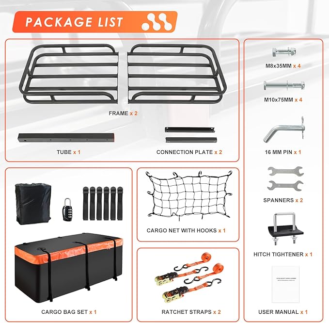 MeeFar Hitch Mount Cargo Carrier Basket 53" x19" x 5"+Waterproof Cargo Bag (51" x17"x 18"), Hauling Weight Capacity of 500 Lbs fit on 2 Inch Receiver with Hitch Stabilizer,Net and Straps