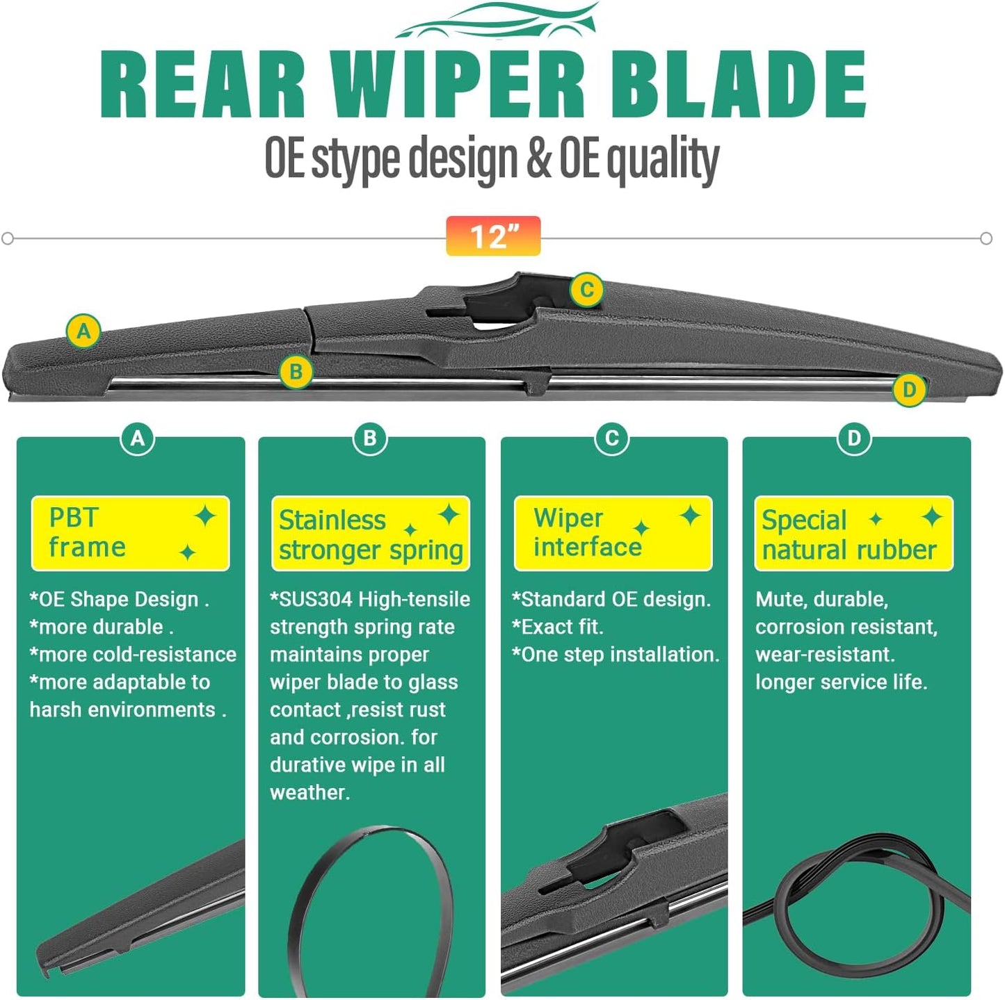 24" 18" 12" Windshield Wiper Blades Replacement for Hyundai Venue 2019 2020 2021 2022 2023 2024 2025 Premium All Weather Front Rear Wipers Set - OEM Quality (Pack of 3)