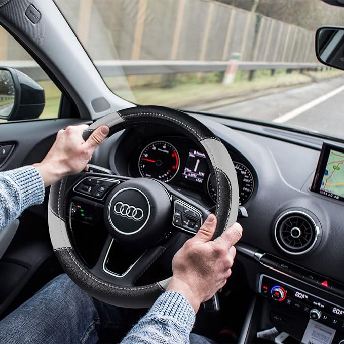 Leather Car Steering Wheel Cover, Non-Slip Car Wheel Cover Protector Breathable Microfiber Leather Universal Fit for Most Cars(Grey)