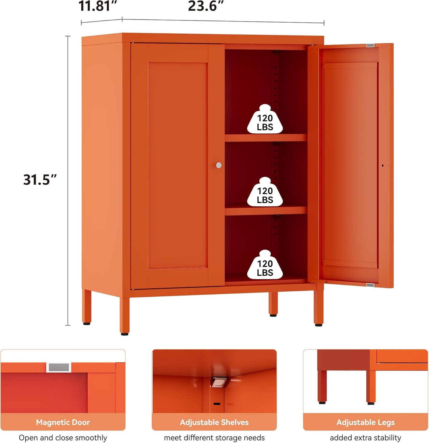 Metal Bathroom Storage Cabinet, Bathroom Floor Storage Cabinet with 2 Adjustable Shelves and 2 Doors,Freestanding Metal Sideboard for Small Spaces, Living Room, Dining Room,Orange