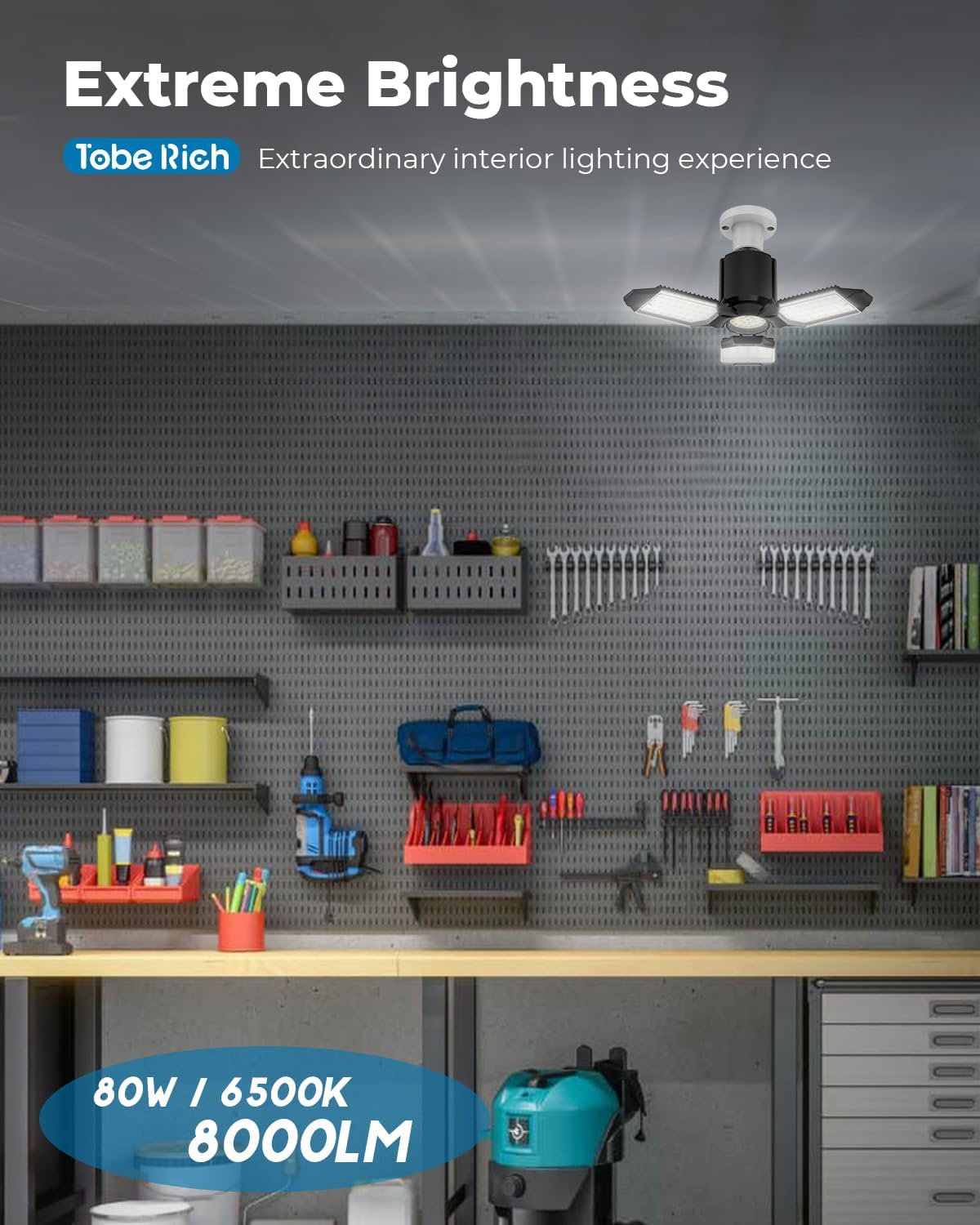 LED Garage Lights 4 Pack, 8000LM Shop Lights with 3+1 Deformable Panels, 6500K Screw in Ceiling Lights for Garage, Workshop, Workbench, Basement