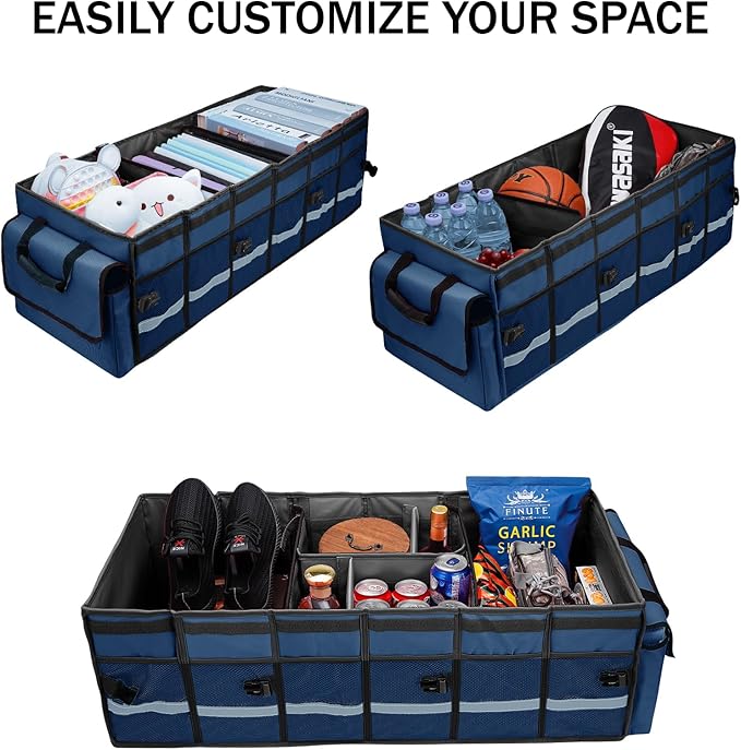 Car Trunk Organizer and Storage with Removable Leakproof Cooler Bag, 6 Removable Dividers for Custom Space, Collapsible Trunk Storage with Non Slip Bottom, Foldable Cover for SUV, Jeep, MPVs