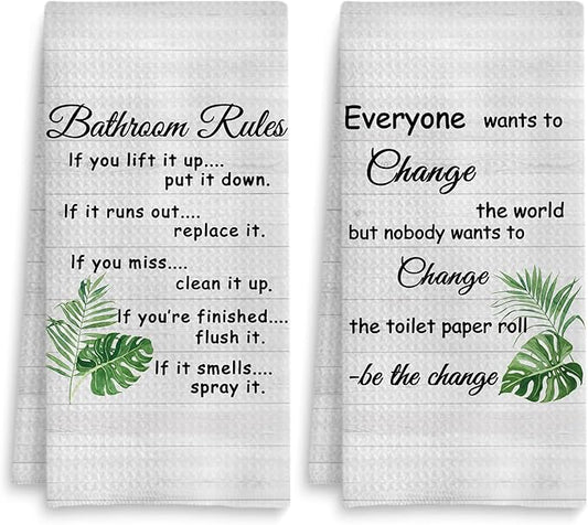 Funny Bathroom Rules Decorative Hand Towels Set of 2, Rustic Farmhouse Hand Towels for Bathroom Decor, 16x24 Inch(Tropical Leaves Style)