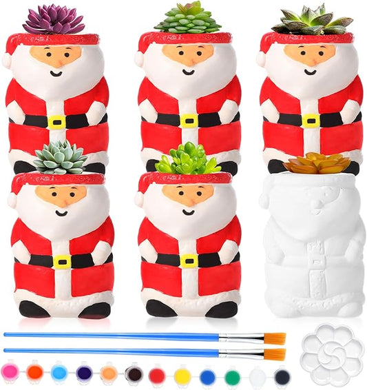 Pasimy 6 Set DIY Ceramic Succulent Planter Pots Paint Your Own Flower Pots Craft Kit Unpainted Bisque Paintable Flowerpot with Brush Palette Ready to Paint for Family Activity Gift(Santa)