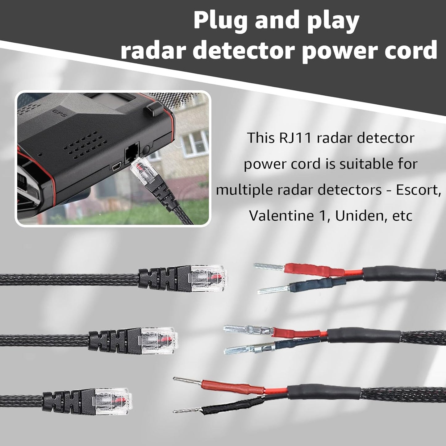 16.5" Radar Detector Hardwire Power Cord Mirror Wire Plug Tap Set (3-Piece Set) - Compatible with Uniden Valentine One Escort & Beltronics Radar Detectors,Inline Fuse Mount (RJ11)