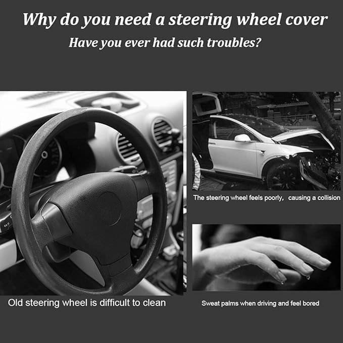 AUTOXBERT 38cm/15 Suede Leather Non-Slip Steering Wheel Cover DIY Hand Sewing Cowhide Leather Skidproof Car Protector with Needle Thread