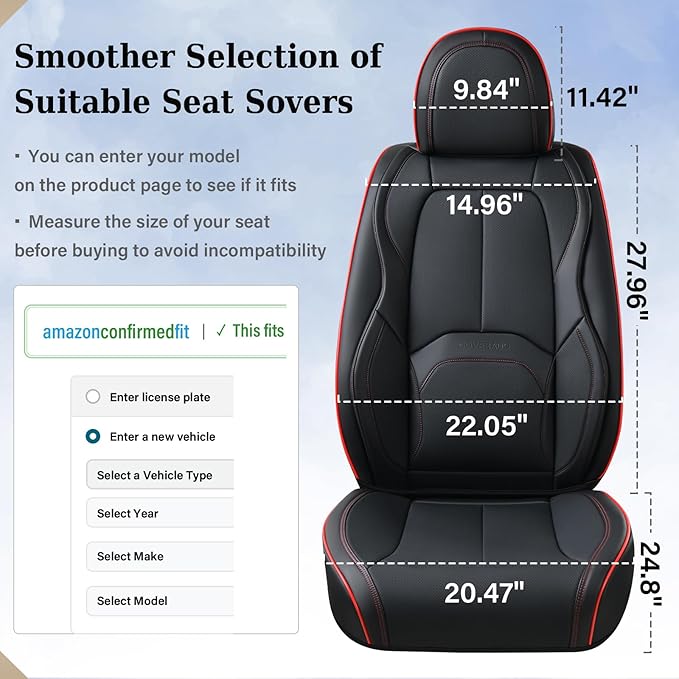 Coverado Seat Covers, Car Seat Covers Front Seats, Nappa Leather Seat Covers for Cars, Waterproof Car Seat Protector with Lumbar Support, Front Seat Covers Universal Fit for Most Cars (Black&Red)