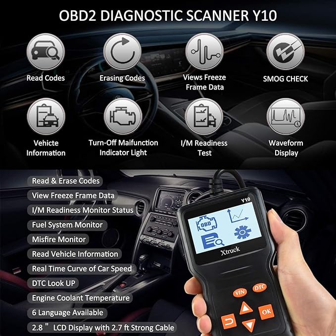 Y10 Universal OBD2 Scanner Check Engine Light Car Code Reader, OBDII Diagnostic Scan Tool Read and Clear Erase Codes, Get Vehicle Information, Data Flow, Real-time Curve