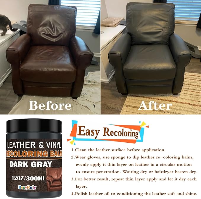 Dark Gray Recoloring Balm Leather Vinyl Auto Dash Board Car Interior Seats Paint Furniture Dye Color Restorer Refinish Shoes Sofa Gloves Jacket Purse Bag Couch Stain Fade Scratches Peeling Repair Kit