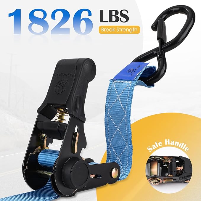 Ratchet Straps 4 Pack - 1,826 Lbs Break Strength 1 in x 15 Ft Medium Duty Ratchet Tie Down Straps with S Hooks Set for Truck, Cargo Van, Trailer, Motorcycle (Blue)