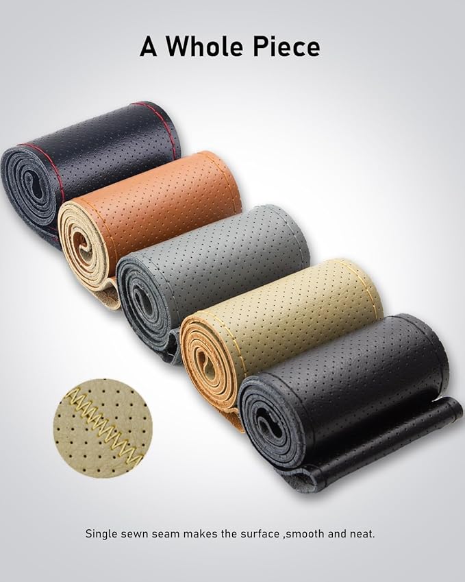 BELINOUS Universal Leather Car Steering Wheel Cover, Stitch On Wrap (Size M5, Beige)