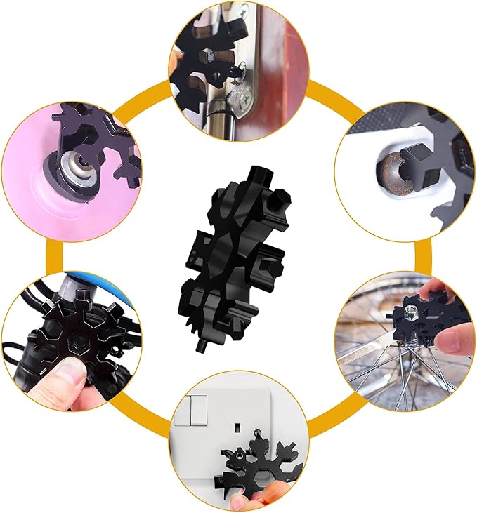 FZENeast Snowflake Multitool, 3 Pcs 18-in-1 Stainless Steel Snowflake Standard Multi-Tool, Snowflake Wrench with Key Ring, Carabiner Clip and Storage Bag (Black)