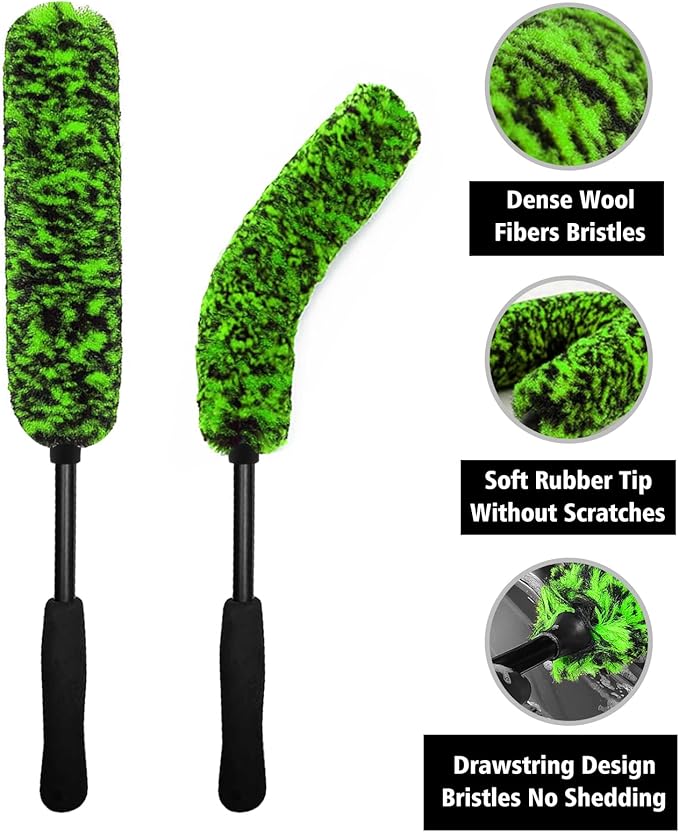 YeewayVeh 4PCS Car Wheel Cleaning Kit, Bendable Wheel Brush and Microfiber Scratch-Free Wheel Cleaner Brush, Tire and Car Detailing Brush Set for Cleaning Rims Fenders Engine and Exhaust, Green&Black