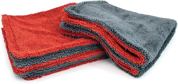 Autofiber Dreadnought Jr. Microfiber Towel, Superior Absorbency for Drying Cars, Trucks, and SUVs, Double-Twist Pile, One-Pass Vehicle-Drying Towel - Pack of 1, Red/Gray (16 inch x 16 inch)
