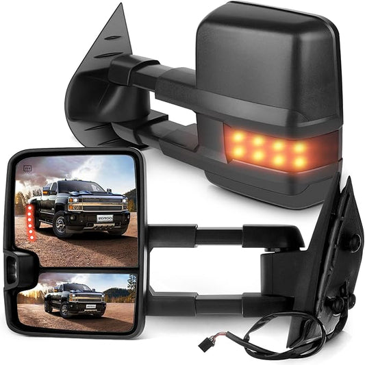 SCITOO Tow Mirrors Compatible with for 2007-2014 For Chevy Silverado For GMC Sierra(07 for New Body) Pickup Truck Power Adjusted Heated LED Turn Signal Width Light Black Towing Mirrors LH RH
