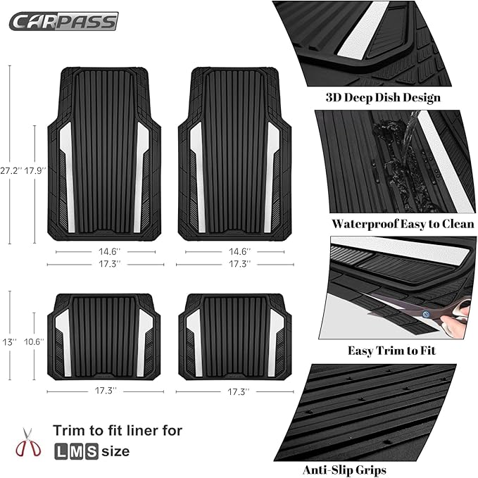 CAR PASS Heavy Duty Rubber Car Mats Metallic,Aluminum Film All Weather Floor Mats Waterproof Universal Trim to Fit SUVs Sedans Vans 4 Piece Anodized Deep Dish Two-Tone Sporty Black White Chrome