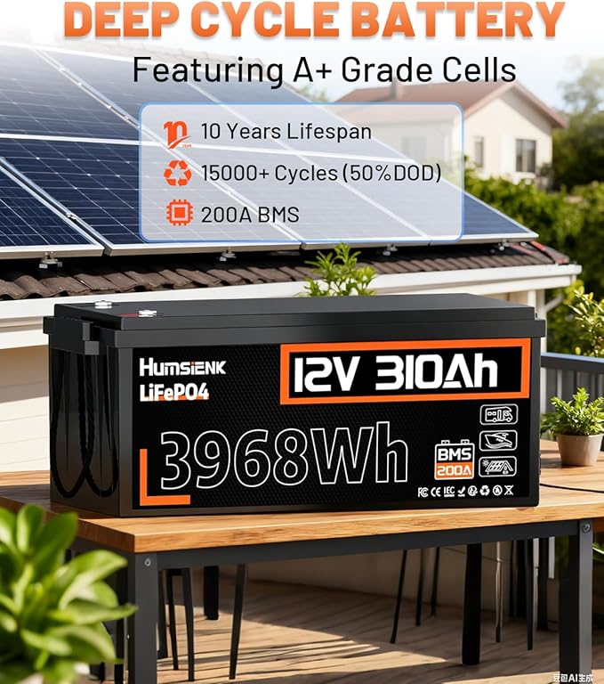 12V 310Ah (300Ah) LiFePO4 Battery - Fast Charge & Discharge with 200A BMS, 15000+ Deep Cycle Lithium Battery with Low-Temp Cutoff, Max. 3968Wh Energy for RVs, Solar Energy Storage, Off Grid