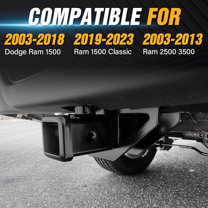 for Dodge Ram 2 inch Trailer Hitch Receiver Compatible with 2003-2018 Dodge Ram 1500 & 2019-2023 Ram 1500 Classic & 2003-2013 Ram 2500 3500, Class 3 III Rear Tow Hitch Towing Combo with Cover