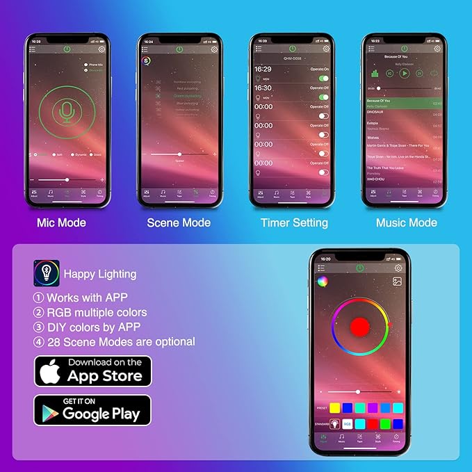 Nilight 4PCS USB Interior Car Lights 48 LEDs RGB LED Strips Lights with App Control Music Sound Active Mode Under Dash Footwell Ambient Lights 2 Line Design for Car Truck ATV UTV, 2 Years Warranty