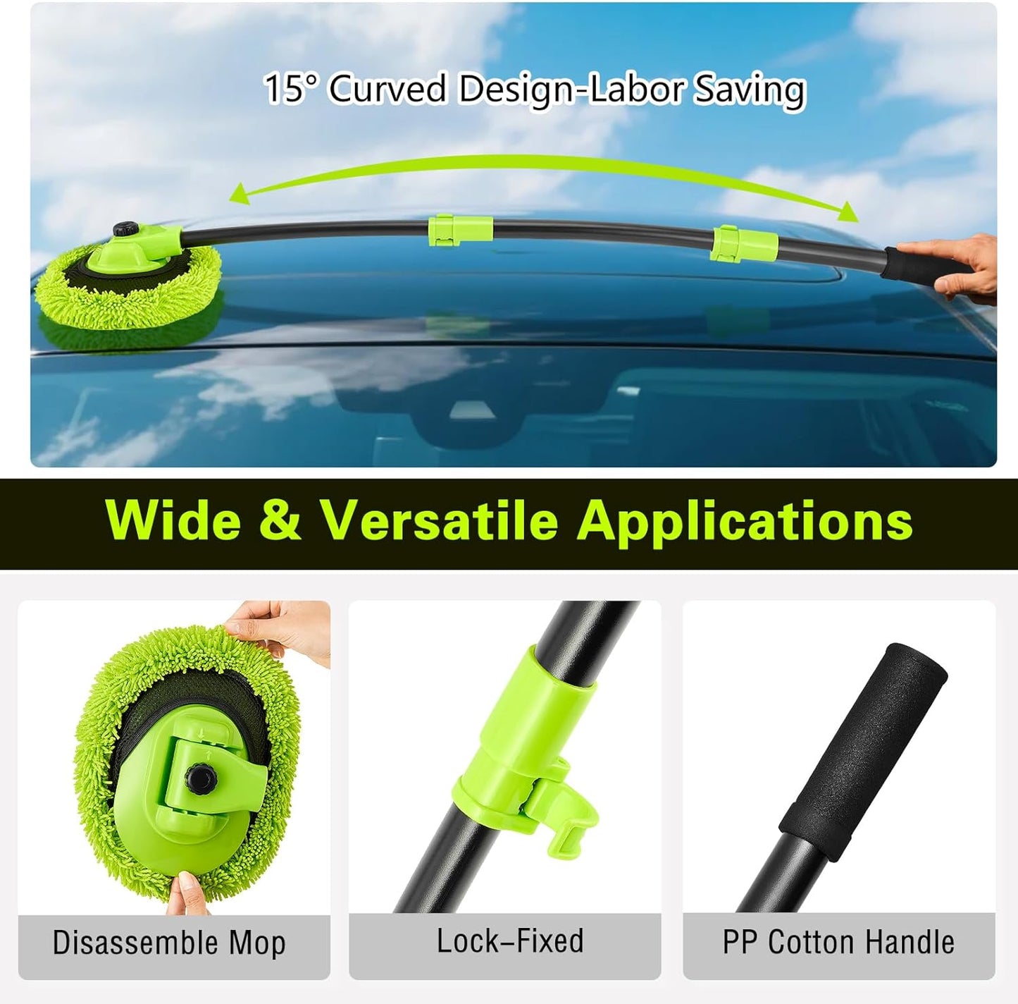 Car Wash Brush with Long Handle - 15° Curved Extendable Car Wash Mop,Soft Car Washing Brushes with Extra Microfiber Mop Head for Truck SUV Cleaning Not Hurt Paint Scratch Free