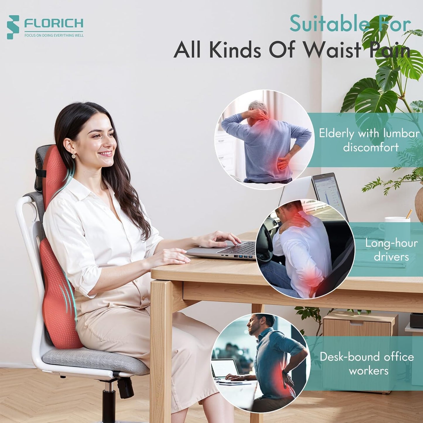 FLORICH Car Lumbar Support Pillow and Neck Headrest Pillow for Office Chair, Ergonomic Memory Foam, Relieves Neck, Back Pain, Pressure-Relieving Back Support for Car, Office Chair & Wheelchair – Red