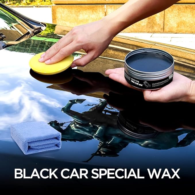 Black Car Wax Paste with Carnauba - Cera para Autos, Swirl Mark Minimizer & Gloss Enhancer for Dark Vehicles, Safe on Clear Coat, 180g Kit w/Applicator Sponge & Microfiber Towel
