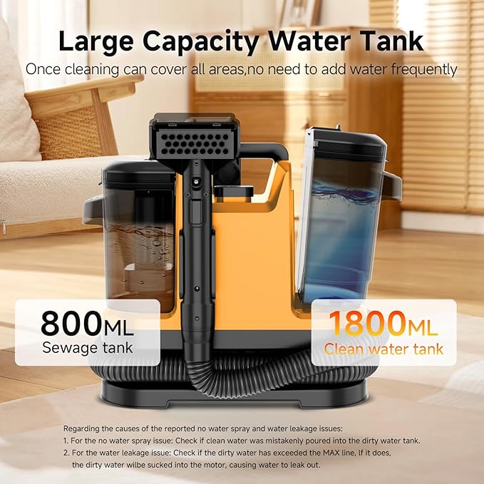 Portable Spot Cleaner Machine for Carpet and Upholstery - 18Kpa Carpet Cleaner with Dual BrushHeads, Easy Move, Cleaning Machine for Furniture, Couch, Stairs, Car and Pet Stain,Yellow