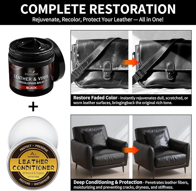 Leather Recoloring Balm with 100ml Mink Oil, Black Leather Repair Kit and Scratch Remover for Furniture, Car Seats, Sofas, Dye & Restorer for Couches, Vinyl, PU, Faux
