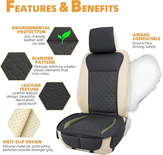 Elantrip 2PCs Front Car Seat Covers Leather Car Seat Protector Universal fit for Most Cars SUVs and Trucks Water Proof Seat Protector Black and Green