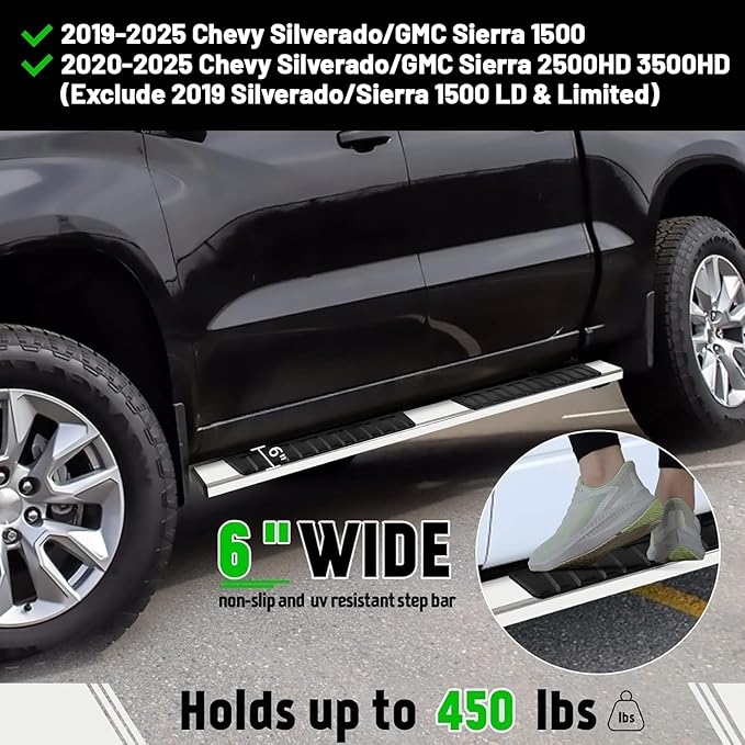 PZ 6" Crew Cab Running Boards for 2019-2025 Chevy Silverado/GMC Sierra 1500, 2020-2025 2500HD 3500HD Mirror Stainless Steel Side Step Nerf Bar