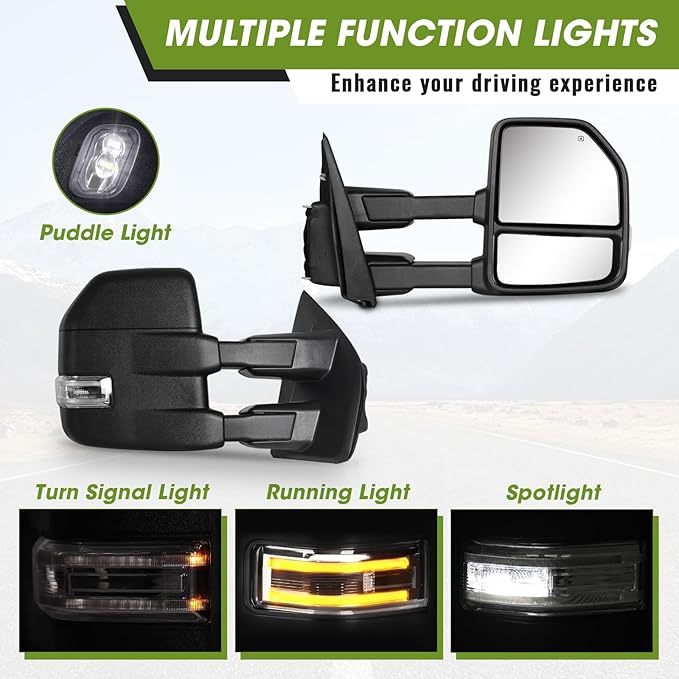 Towing Mirrors for F150 Ford Pickup 2015 2016 2017 2018 2019 2020 with Turn Signal & Running Lights, Spotlight, Heated Power Glass Pair Set (Unpainted)