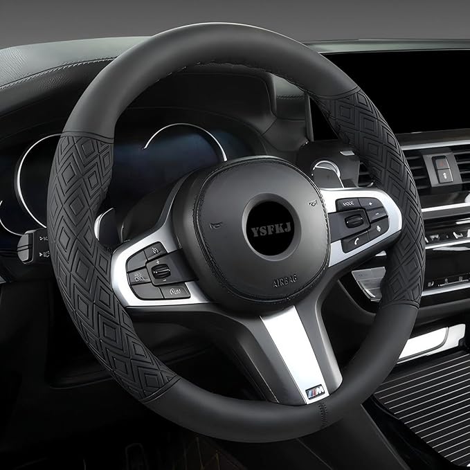 Black Leather Steering Wheel Cover, Stitch On Wrap, Breathable Cowhide Car Steering Wheel Cover, Standard Size 15 Inch (Type A)