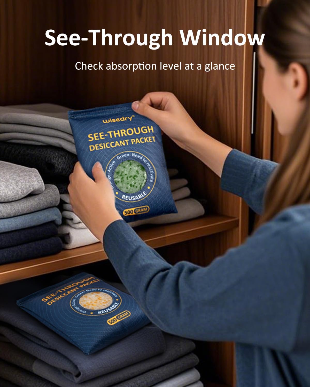 wisedry 4 x 500 Gram See-Through Silica Gel Car Dehumidifier Packets, Color-Indicating Desiccant Packs for Storage, Reusable Safe Dehumidifier, Heat Resistant Dehumidifier Bags