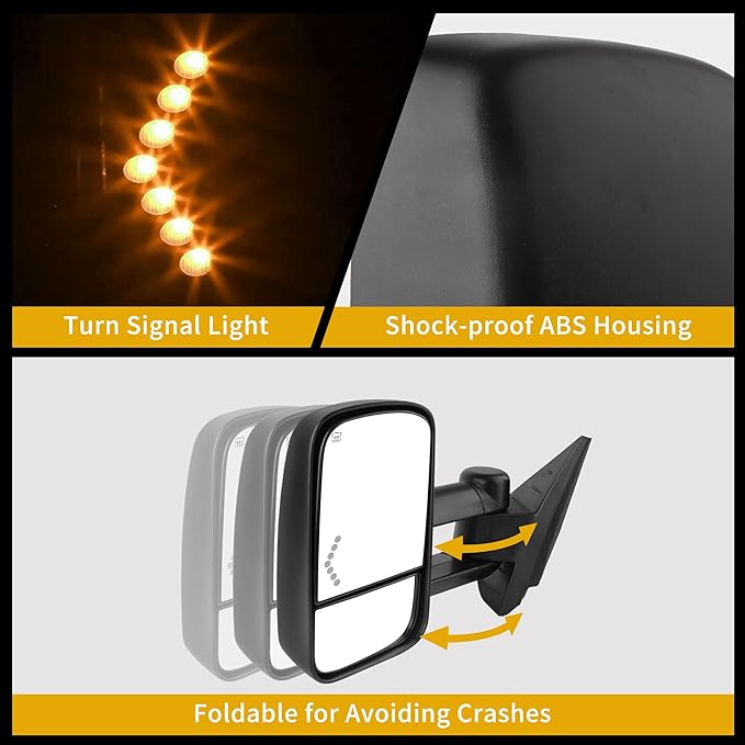 DWVO Towing Mirrors Compatible with Chevrolet GMC Cadillac Silverado Sierra 2007 2008 2009 2010 2011 2012 2013 Power Heated Telescoping with LED Arrow Signal Light