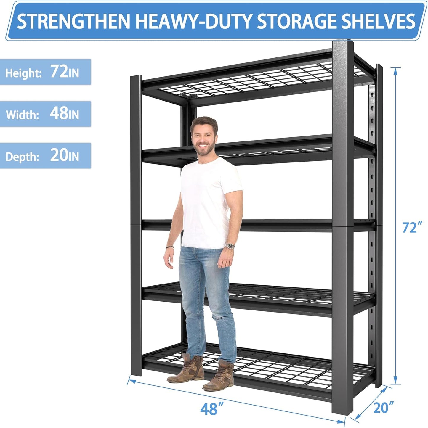 5-Tier Heavy Duty Garage Shelving Unit with Wire Shelves,3000 LBS Capacity Metal Storage Rack 72"H x 48"W x 20"D,Adjustable Boltless Steel Shelves for Garage,Basement,Pantry,Warehouse.3 Pack