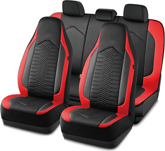 Skechers Memory Foam Car Seat Covers, Leather High Back Seat Covers Quilting Design,Waterproof Sports Car Seat Covers Full Sets,Airbag Compatible, Universal Fit for Most Cars, SUVs,Trucks,Red