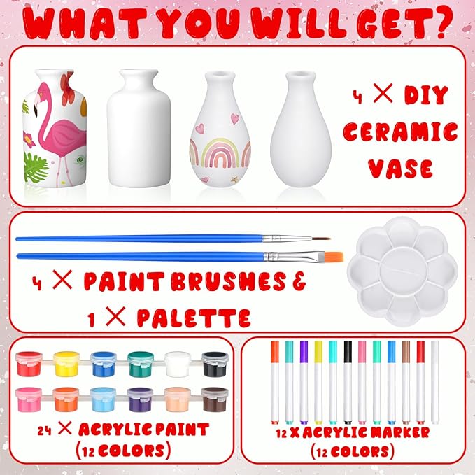 Singhoow 4 Set Paint Your Own Porcelain Paint Vase Art Project White Ceramic Painting Kit for Adults Porcelain Vase Decorating Kit with Christmas Holiday Supplies DIY(Charming)