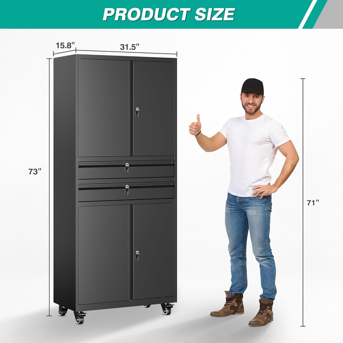Metal Storage Cabinet with Wheels and Drawers,Rolling Garage Storage Cabinet with Locking Doors and Adjustable Shelves,73" Mobile Tall Large Metal Tool Cabinets with Locks for Home,Office,Garage