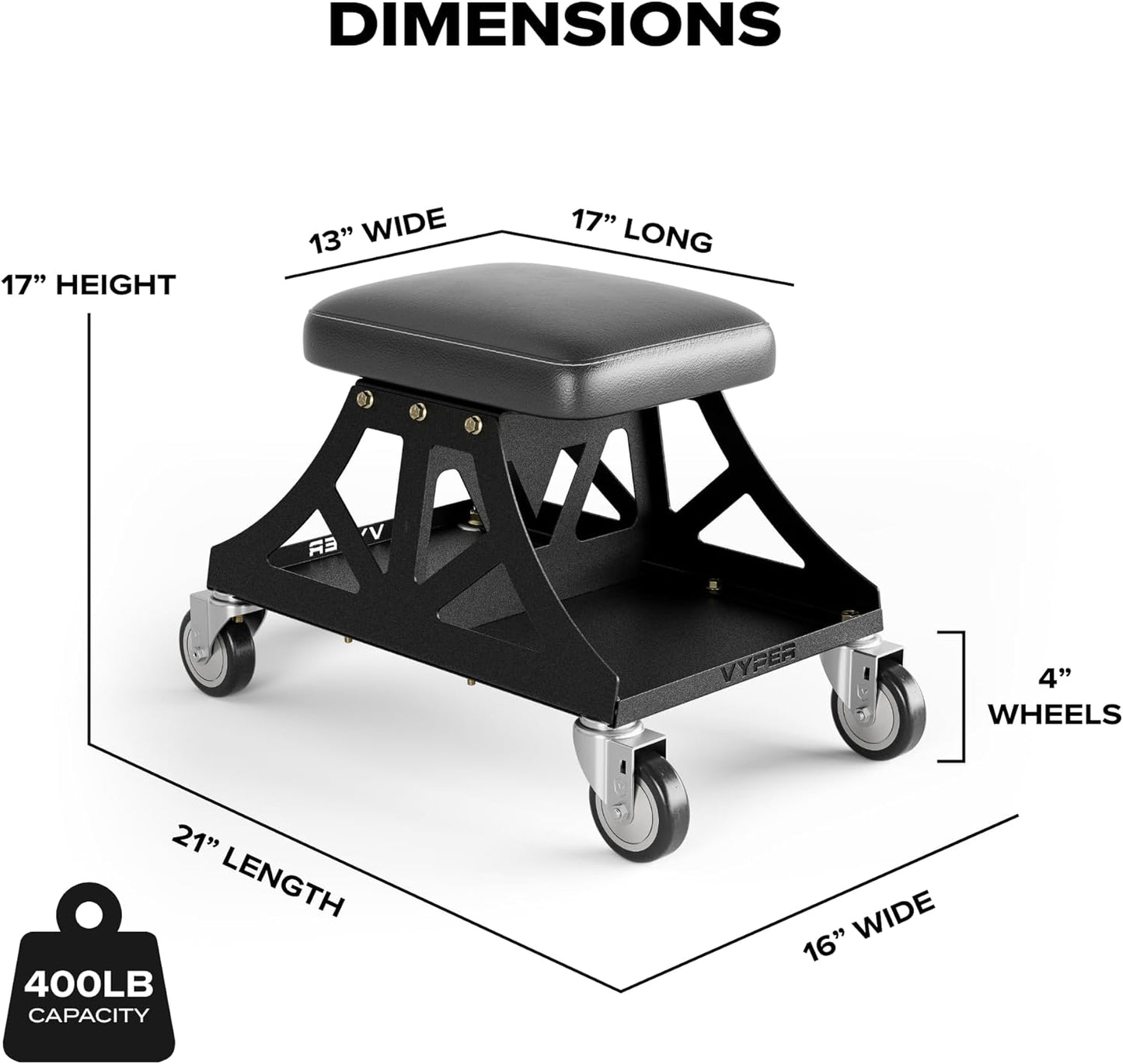 Vyper Low Pro Garage Stool with Removable Seat for Mechanics, Automotive, DIY - 400 lb Capacity Rolling Shop Chair (Black Seat, Blue Frame)