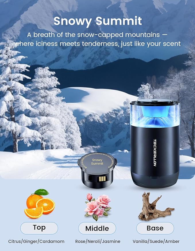 Car Air Freshener, Car Diffuser with Smart Spray Modes (4 Settings) & Essential Oil Monitor, 1600 Sprays USB-C Rechargeable, Auto On/Off, 2 Scents Refills, Car Scent with Ambient Light