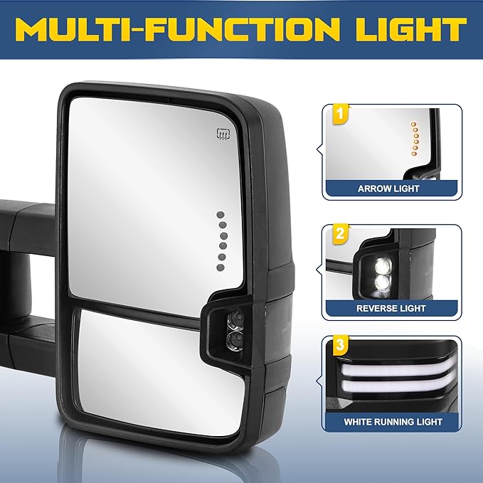 Black Pair Towing Mirrors Power Heated w/White Running Light Sequential Turn light Clearance Lamp Compatible for 99-02 Chevy Silverado Suburban Tahoe GMC Serria Yukon