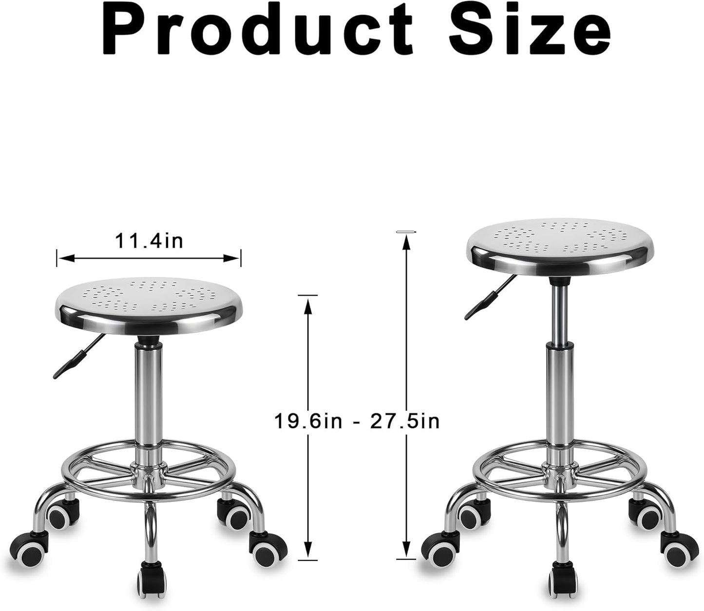 Rolling Stool, Stainless Steel Workbench, Adjustable Swivel Stool Medical 5 Wheels, 304 Stainless Steel Structure Laboratory Round Pad, Load Capacity 445 lbs (Silver)