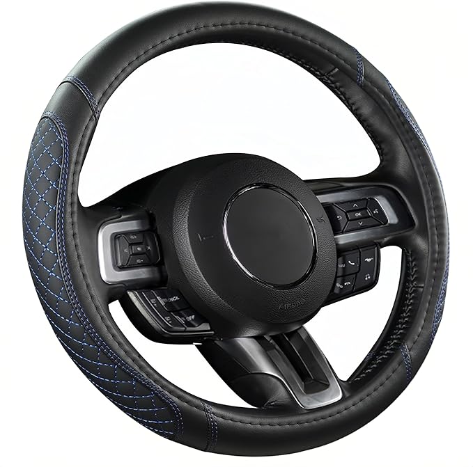 West Llama Car Steering Wheel Cover for Ford Escape,Explorer,Fusion,Focus,Bronco,Transit,Edge(Diamond Quilted - Black+Blue- Standard Size)