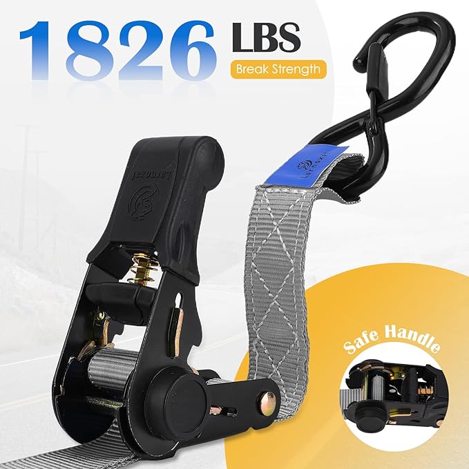 Ratchet Straps 4 Pack - 1,826 Lbs Break Strength 1 in x 15 Ft Medium Duty Ratchet Tie Down Straps with S Hooks Set for Truck, Cargo Van, Trailer, Motorcycle (Grey)